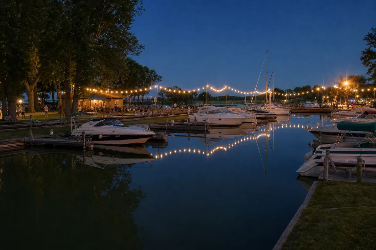 String lights glowing over the docks at dusk during the dock crawl