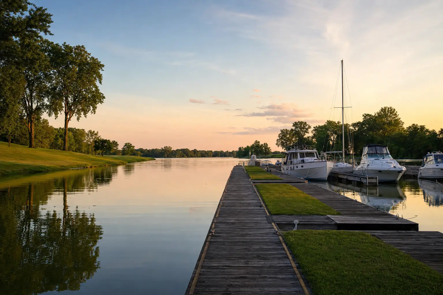 Golden-hour view down a dock line on the calm Grand River, boats resting in their slips