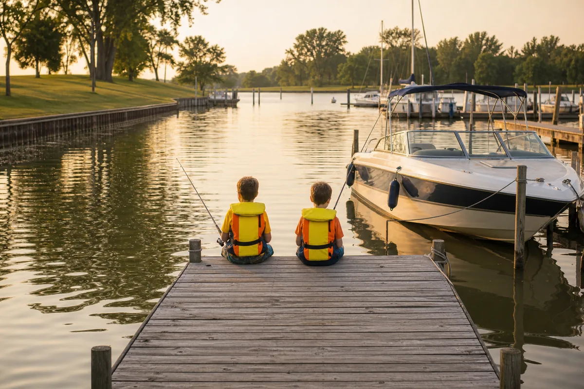 Two kids in life jackets fishing off the end of a dock at sunset