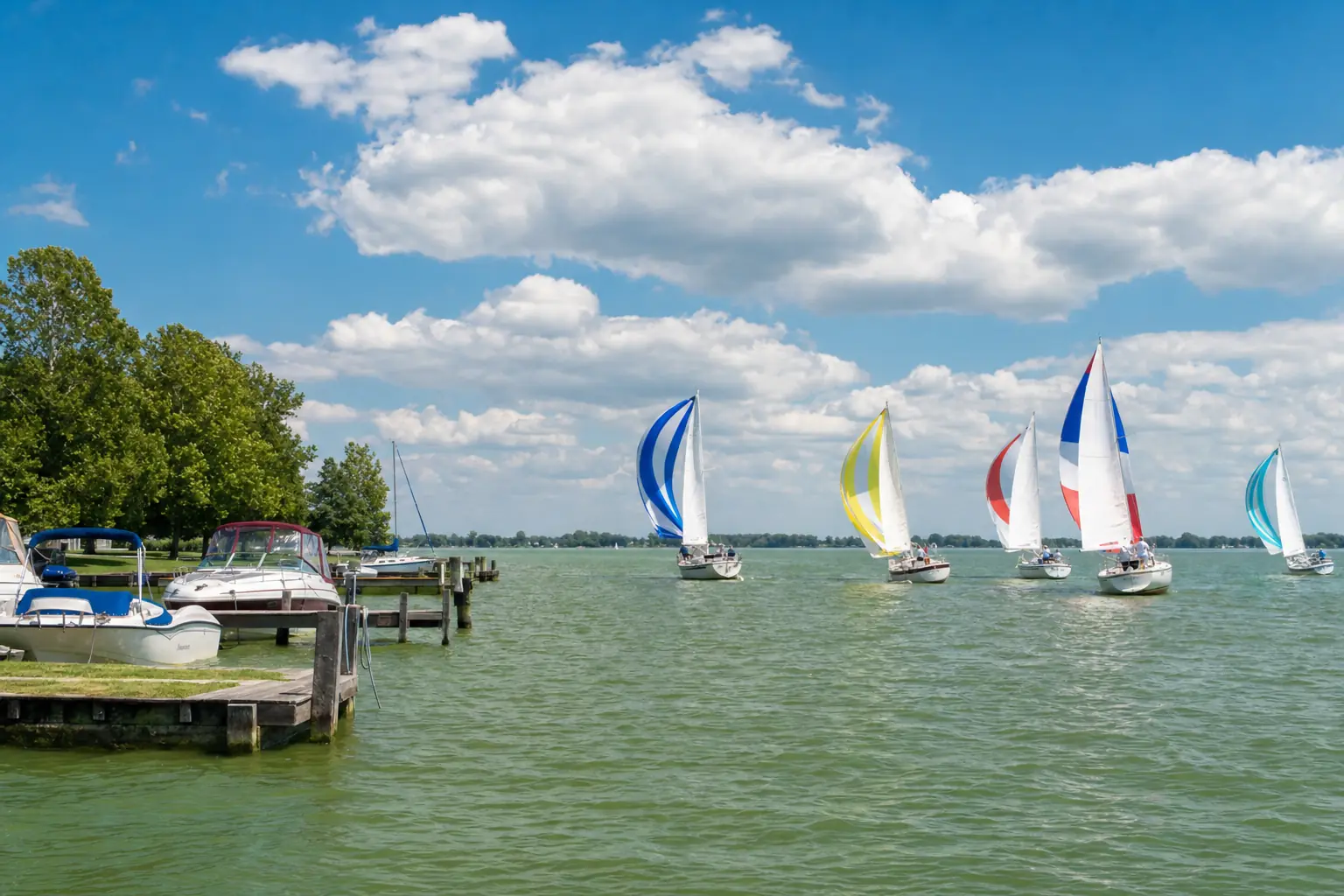 Sailboats racing on Lake Erie during a club regatta